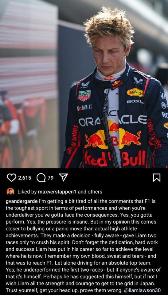 Verstappen made his feelings clear after Lawson's axing was confirmed